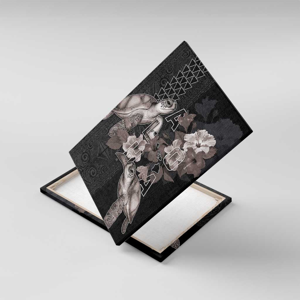 Hawaii Aloha Turtle Hibiscus and Leaves Canvas Wall Art with Polynesian and Kakau Tattoos Black Color LT03 With Frame Black - Polynesian Pride