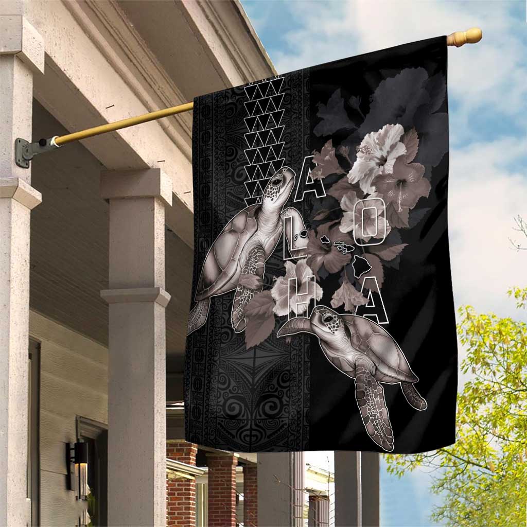 Hawaii Aloha Turtle Hibiscus and Leaves Garden Flag with Polynesian and Kakau Tattoos Black Color LT03 House Flag Black - Polynesian Pride