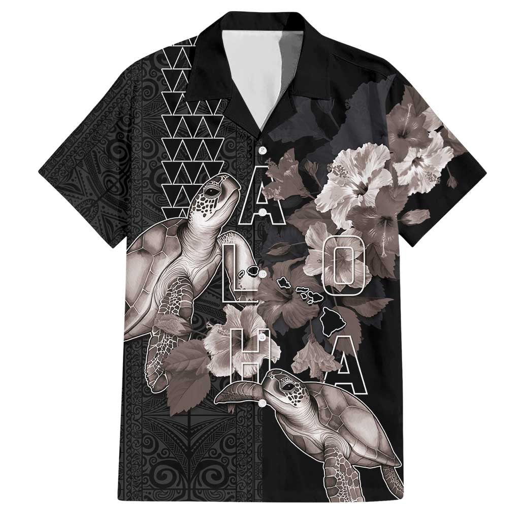 Hawaii Aloha Turtle Hibiscus and Leaves Hawaiian Shirt with Polynesian and Kakau Tattoos Black Color LT03 Black - Polynesian Pride