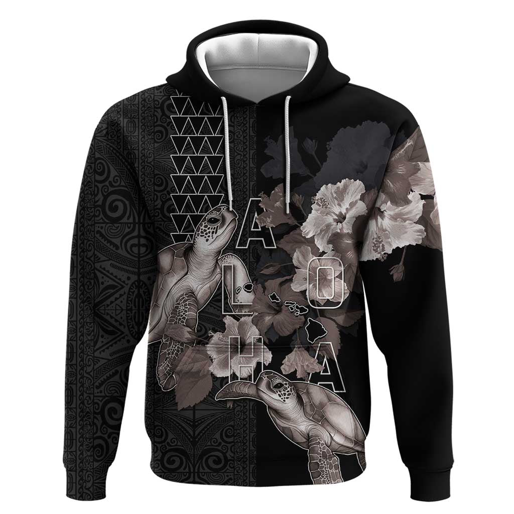 Hawaii Aloha Turtle Hibiscus and Leaves Hoodie with Polynesian and Kakau Tattoos Black Color LT03 Pullover Hoodie Black - Polynesian Pride