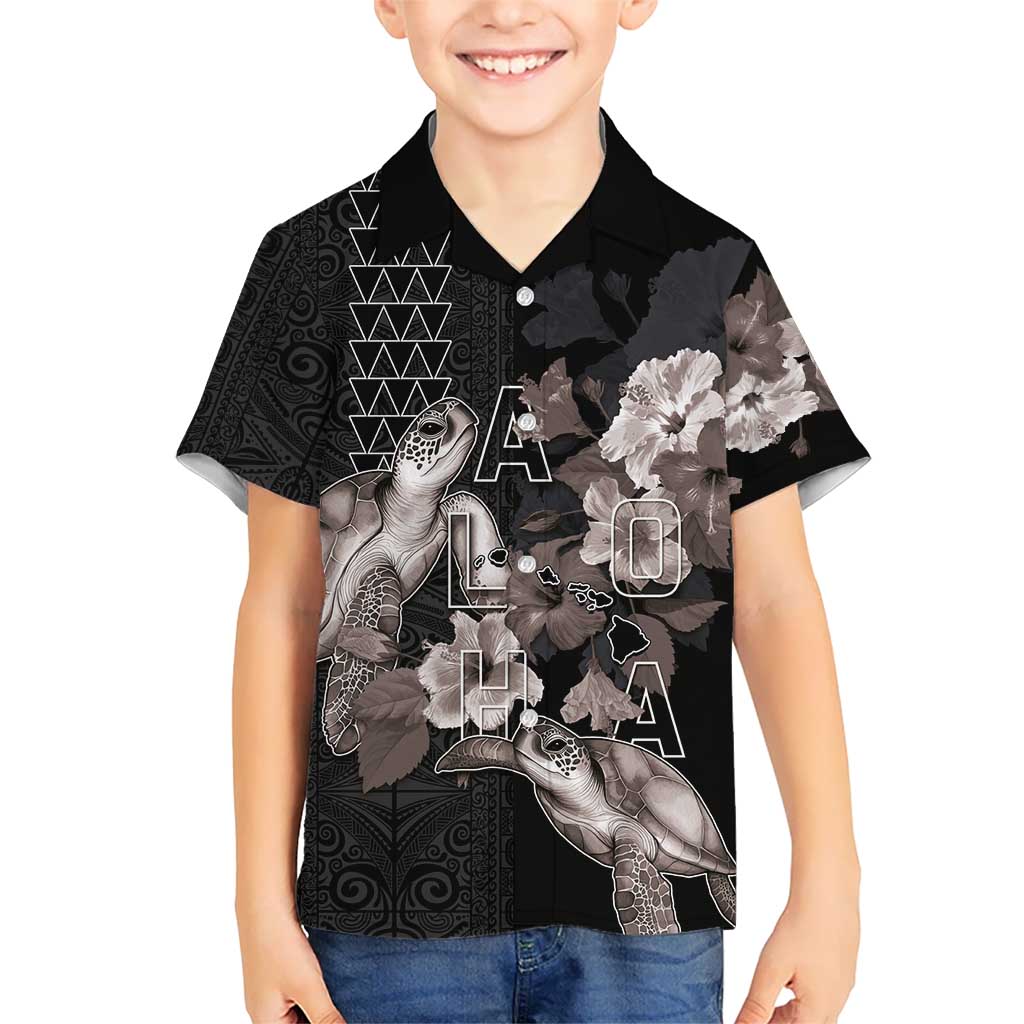 Hawaii Aloha Turtle Hibiscus and Leaves Kid Hawaiian Shirt with Polynesian and Kakau Tattoos Black Color LT03 Kid Black - Polynesian Pride