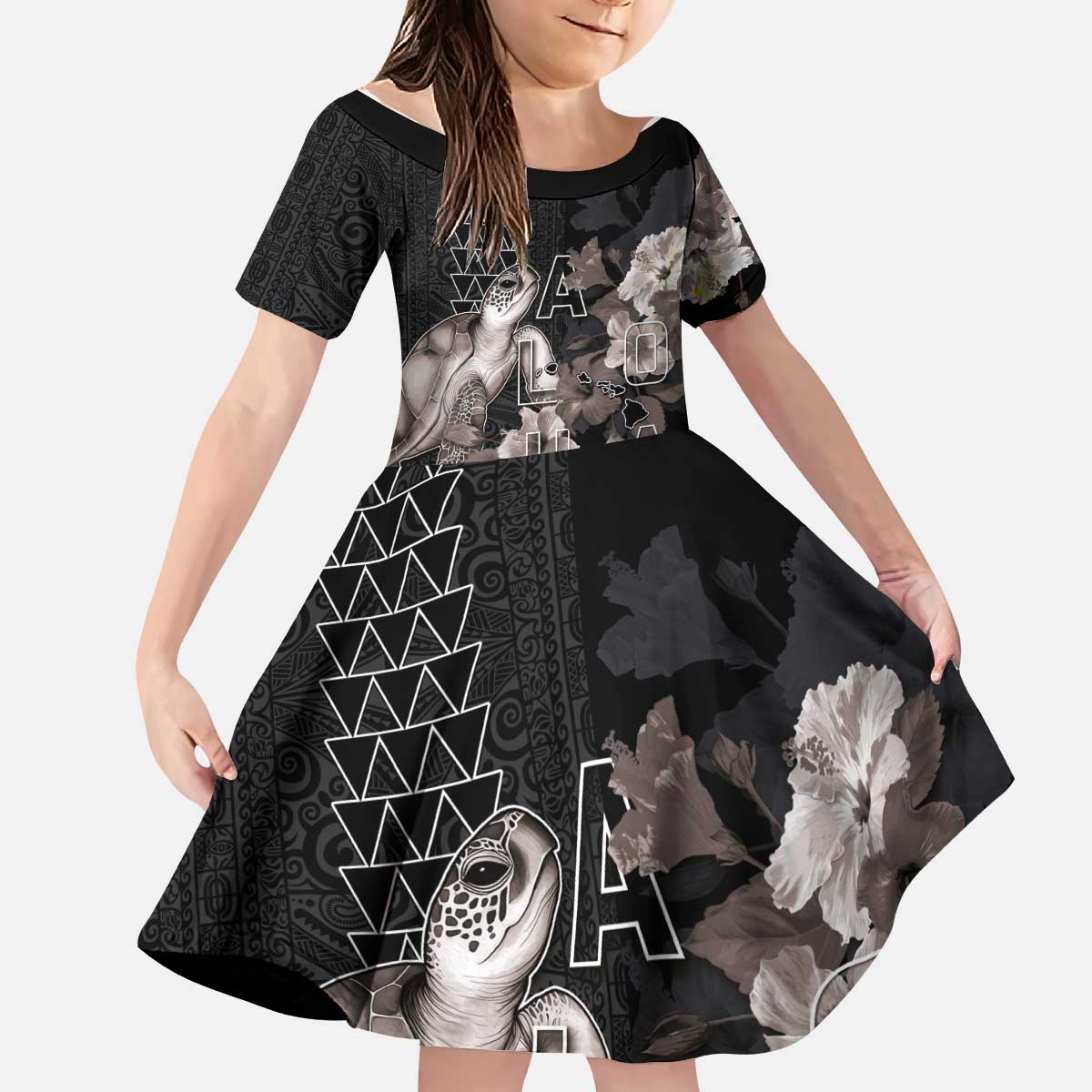 Hawaii Aloha Turtle Hibiscus and Leaves Kid Short Sleeve Dress with Polynesian and Kakau Tattoos Black Color LT03 KID Black - Polynesian Pride