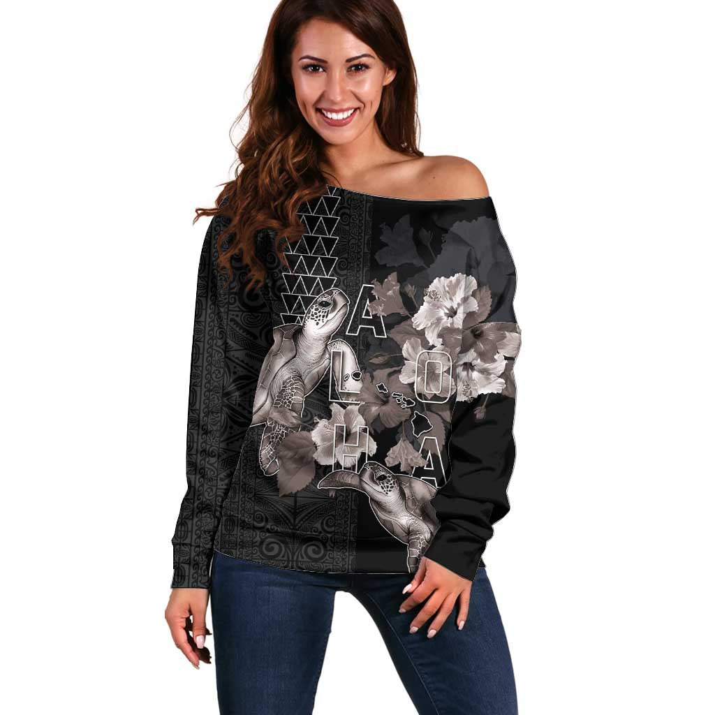 Hawaii Aloha Turtle Hibiscus and Leaves Off Shoulder Sweater with Polynesian and Kakau Tattoos Black Color LT03 Women Black - Polynesian Pride