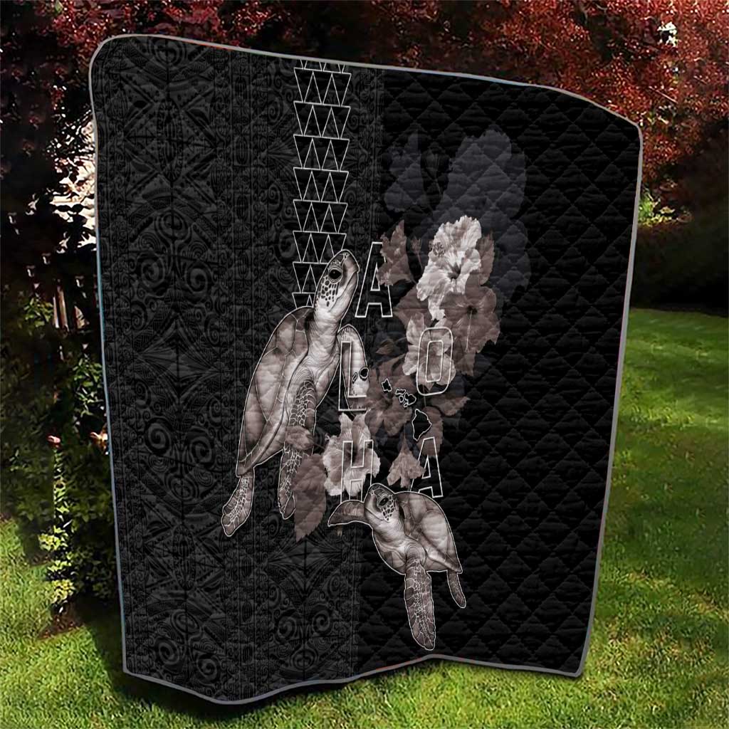 Hawaii Aloha Turtle Hibiscus and Leaves Quilt with Polynesian and Kakau Tattoos Black Color LT03 - Polynesian Pride