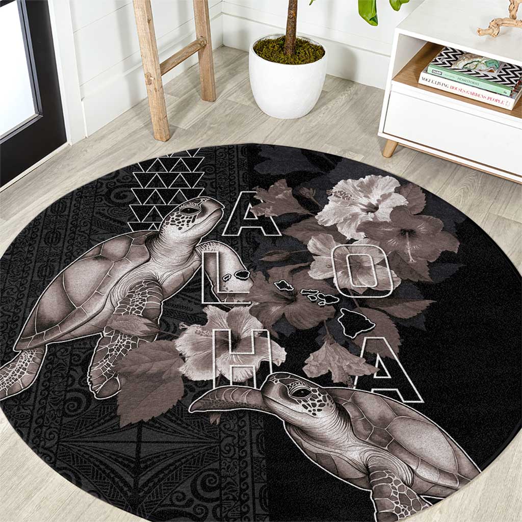 Hawaii Aloha Turtle Hibiscus and Leaves Round Carpet with Polynesian and Kakau Tattoos Black Color LT03 Black - Polynesian Pride