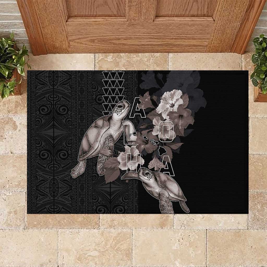 Hawaii Aloha Turtle Hibiscus and Leaves Rubber Doormat with Polynesian and Kakau Tattoos Black Color LT03 Black - Polynesian Pride