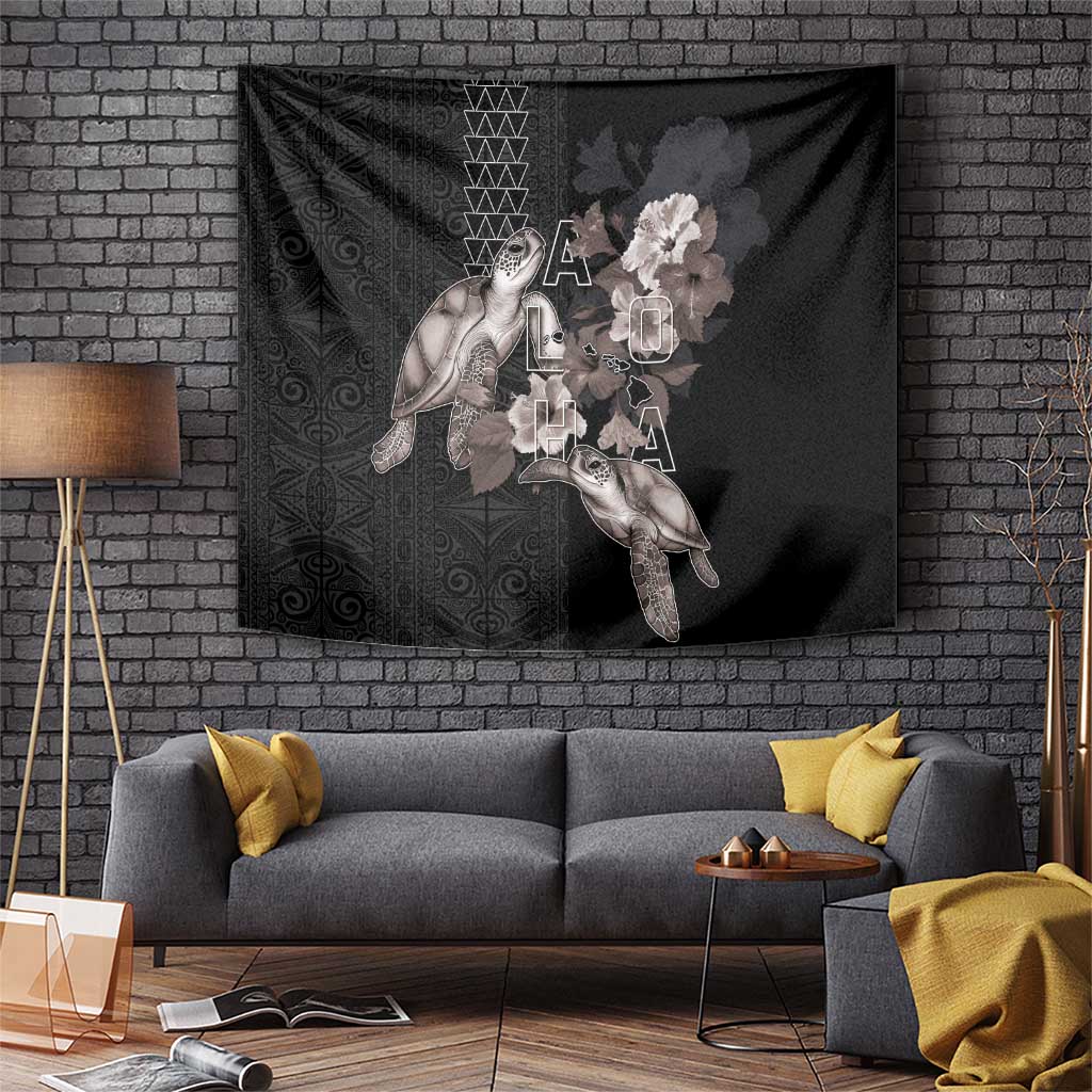Hawaii Aloha Turtle Hibiscus and Leaves Tapestry with Polynesian and Kakau Tattoos Black Color LT03 Black - Polynesian Pride