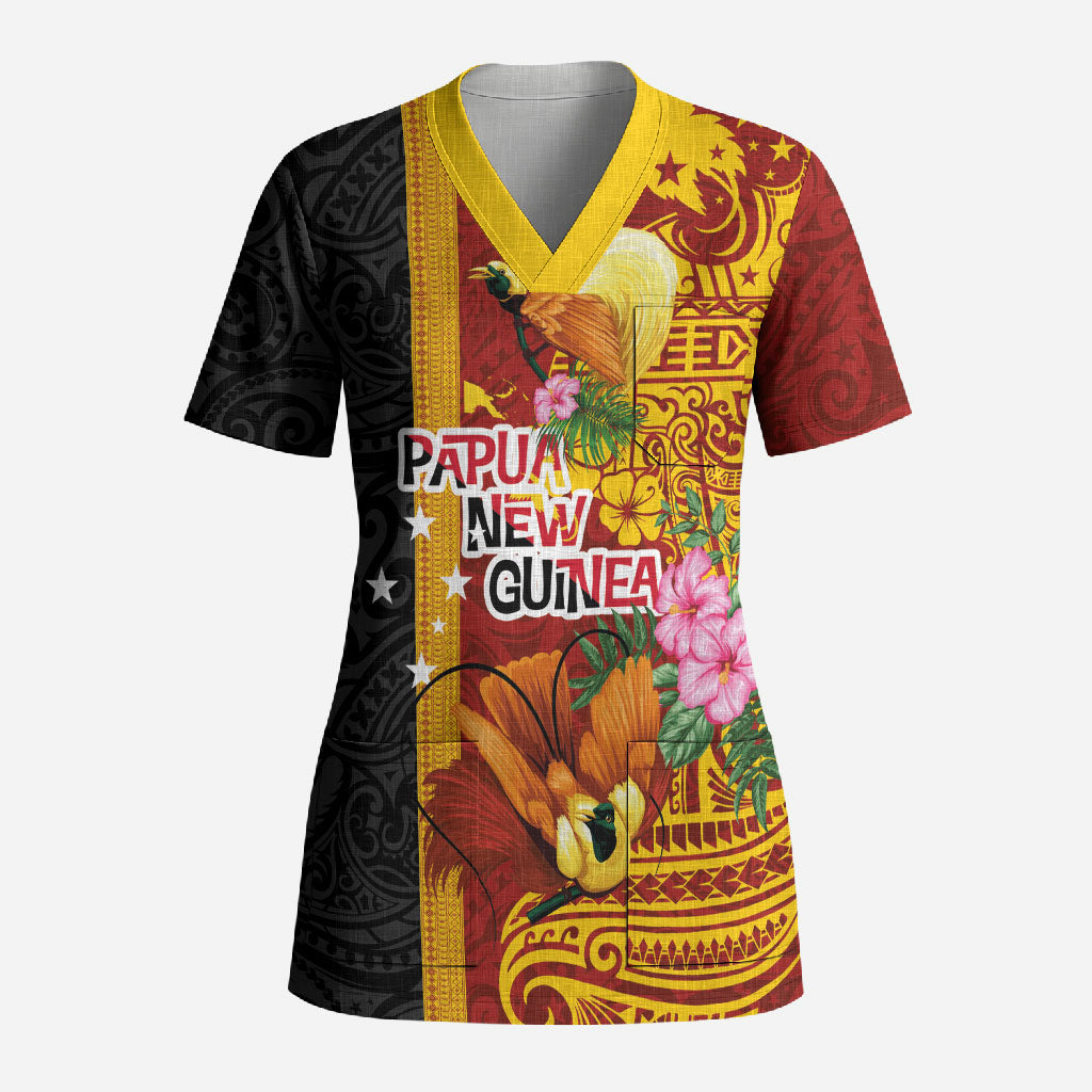 Papua New Guinea Independence Day Scrub Top Birds-of-Paradise Melanesian Tattoos Tropical Plants LT03 Adult Multicolor - Polynesian Pride