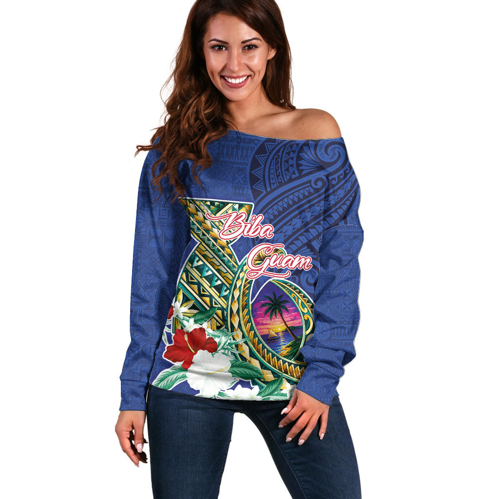 Guam Chamorro Off Shoulder Sweater Tribal Latte Stone and Seal Artwork Polynesian Patterns LT03 Women Multicolor - Polynesian Pride