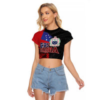 Personalised Samoa 685 Raglan Cropped T Shirt Siapo Pattern and Samoa Flag Design LT03 Female Black - Polynesian Pride