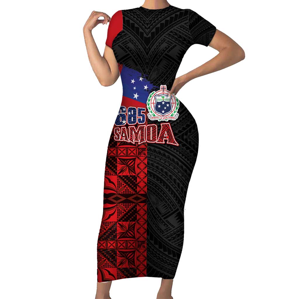 Personalised Samoa 685 Short Sleeve Bodycon Dress Siapo Pattern and Samoa Flag Design LT03 Long Dress Black - Polynesian Pride