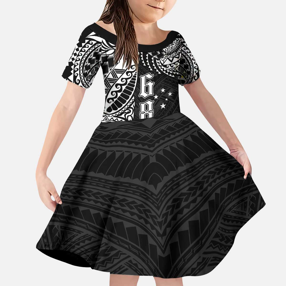 Samoa 685 Art Traditional Tattoo Pattern Kid Short Sleeve Dress Black Color LT03 KID Black - Polynesian Pride