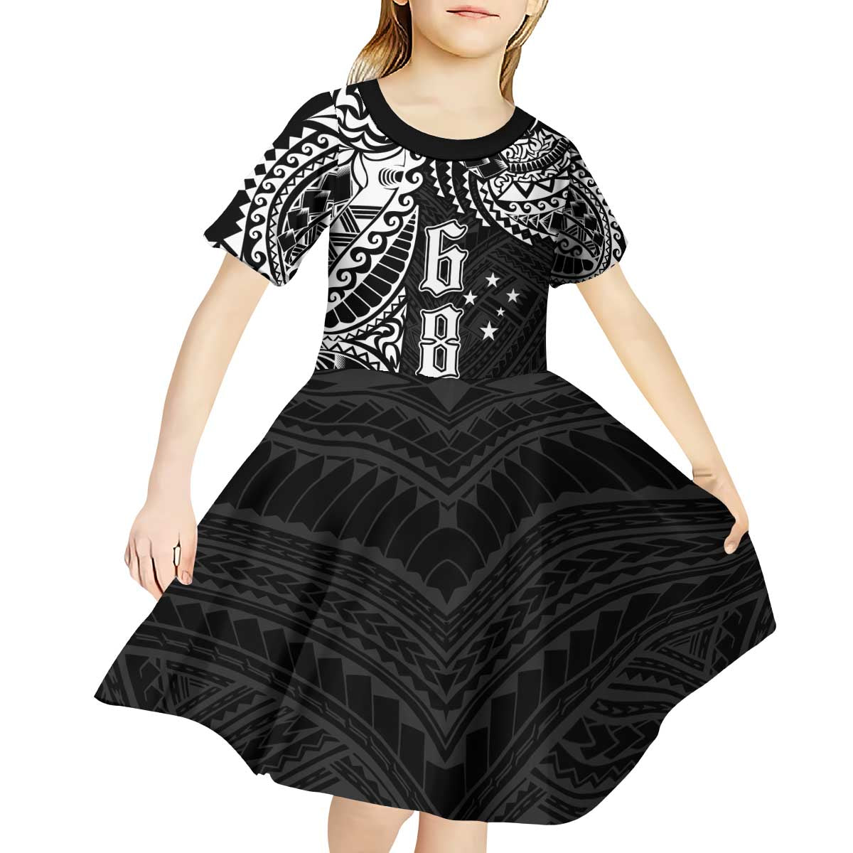 Samoa 685 Art Traditional Tattoo Pattern Kid Short Sleeve Dress Black Color LT03 - Polynesian Pride