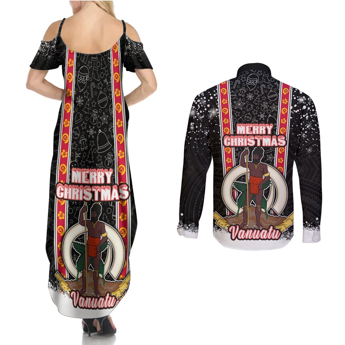 Vanuatu Christmas Couples Matching Summer Maxi Dress and Long Sleeve Button Shirts Polynesian Tribal Snow Style LT03 - Polynesian Pride