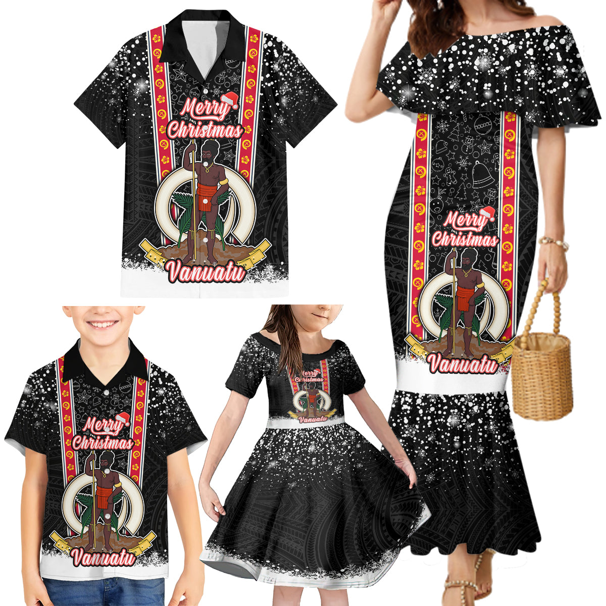 Personalised Vanuatu Christmas Family Matching Mermaid Dress and Hawaiian Shirt Polynesian Tribal Snow Style LT03 - Polynesian Pride