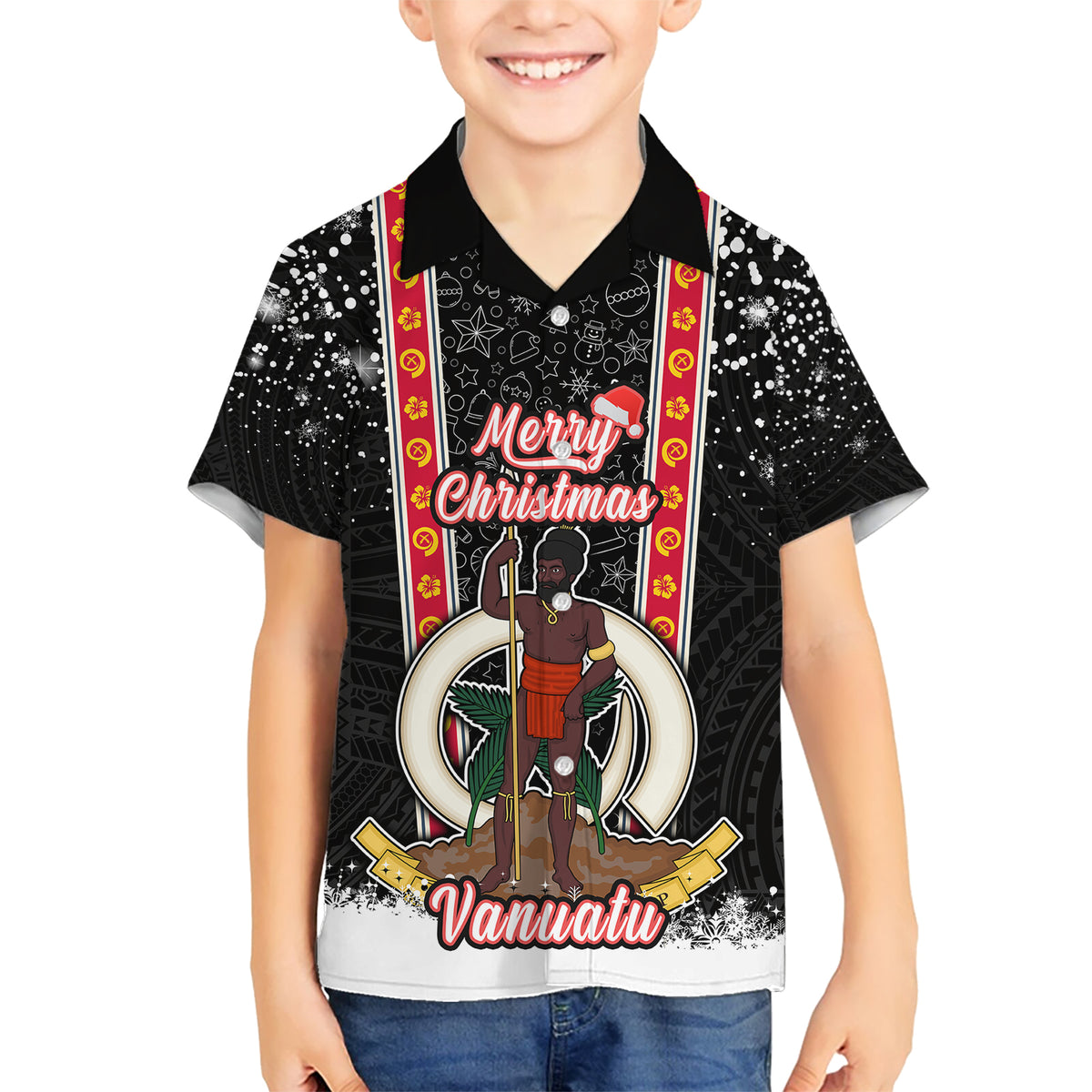 Personalised Vanuatu Christmas Kid Hawaiian Shirt Polynesian Tribal Snow Style LT03 Kid Black - Polynesian Pride