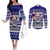 Custom Samoa Christmas Couples Matching Off The Shoulder Long Sleeve Dress and Long Sleeve Button Shirts The Santa Coat of Arms with Samoa Bracelet Pattern LT03 Blue - Polynesian Pride