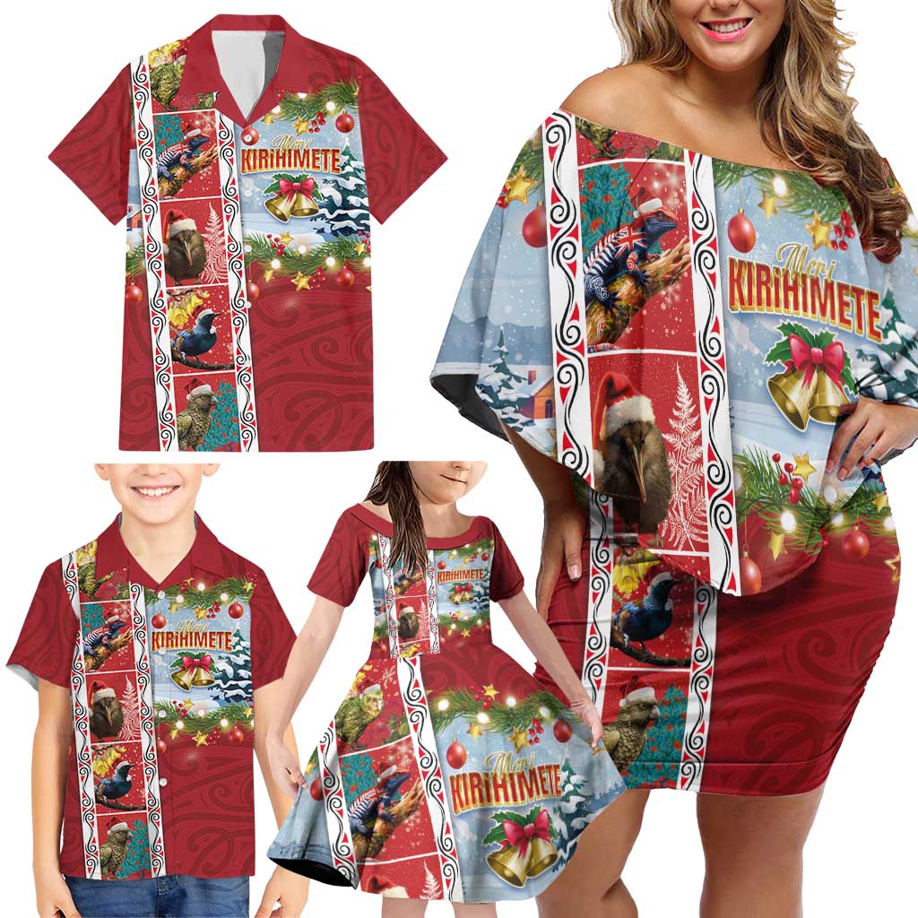 New Zealand Merry Christmas Family Matching Off Shoulder Short Dress and Hawaiian Shirt Maori Animals, Koru Tattoo - Red Xmas Style