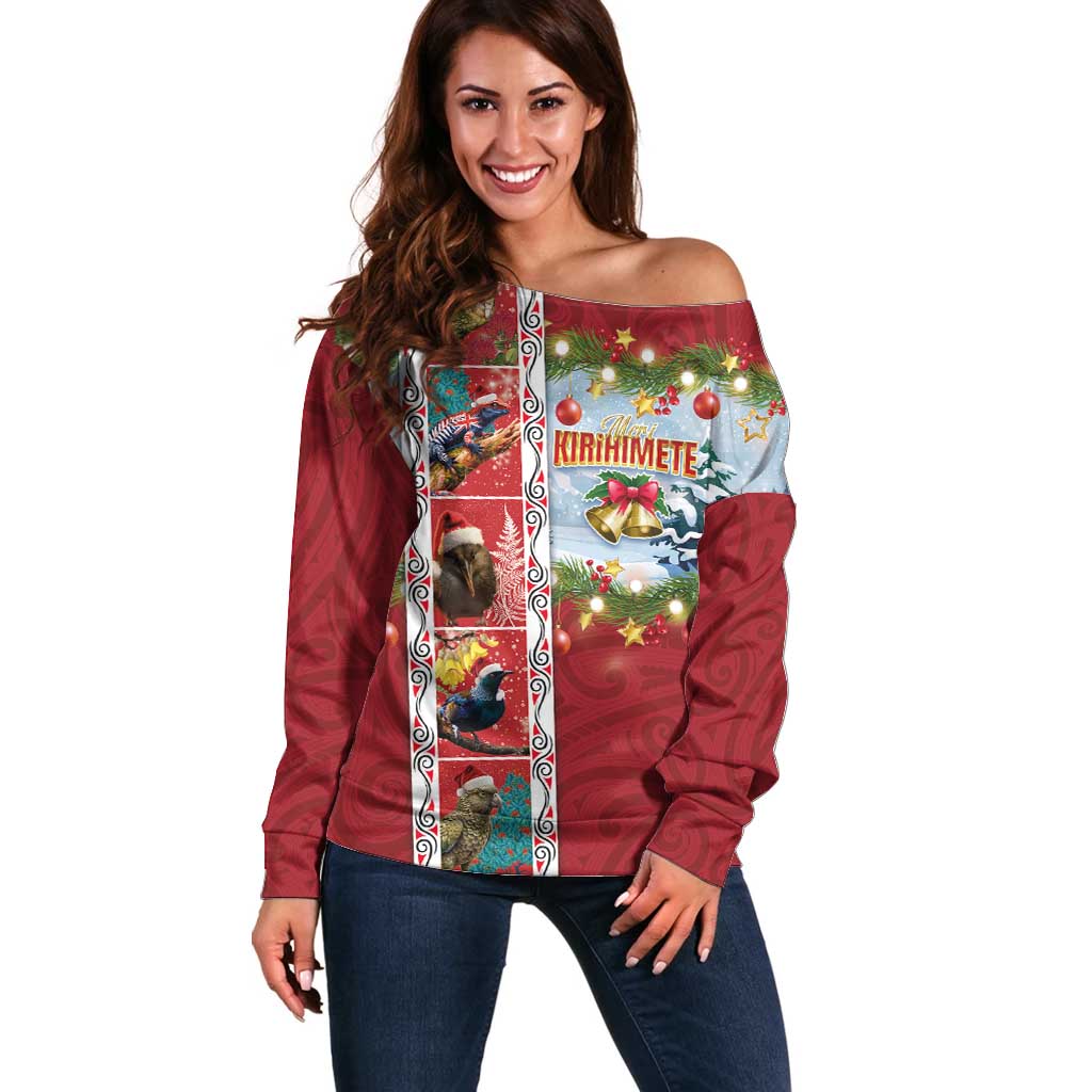 New Zealand Merry Christmas Off Shoulder Sweater Maori Animals, Koru Tattoo - Red Xmas Style LT03 Women Red - Polynesian Pride