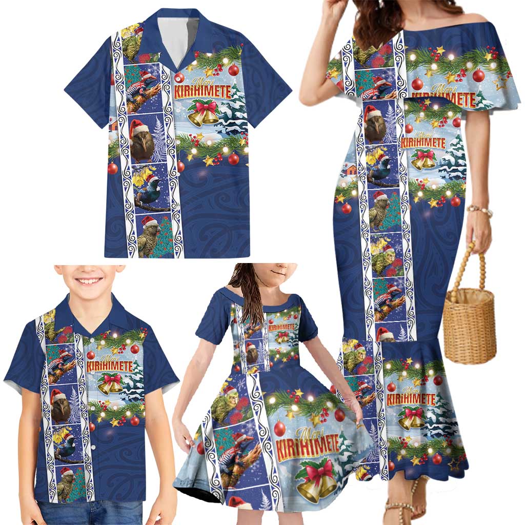 New Zealand Merry Christmas Family Matching Mermaid Dress and Hawaiian Shirt Maori Animals, Koru Tattoo - Blue Xmas Style