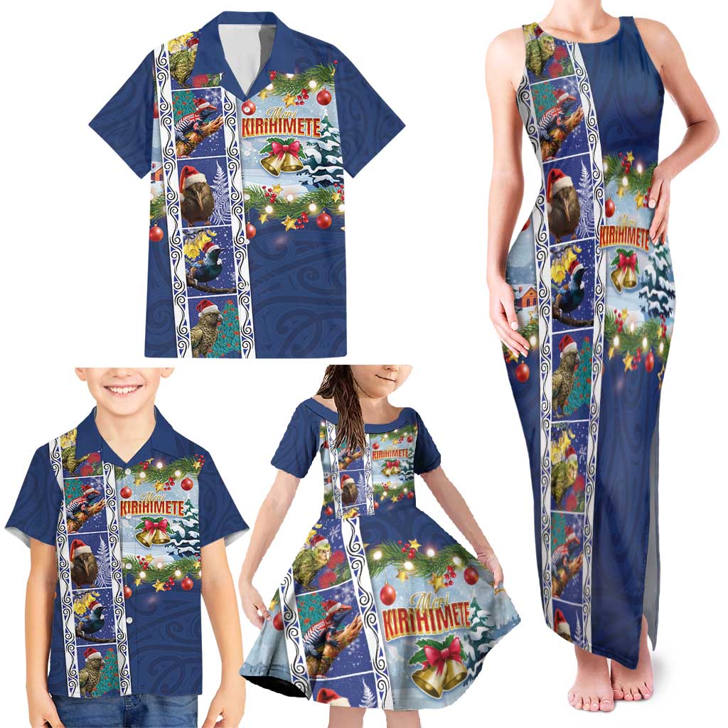 New Zealand Merry Christmas Family Matching Tank Maxi Dress and Hawaiian Shirt Maori Animals, Koru Tattoo - Blue Xmas Style