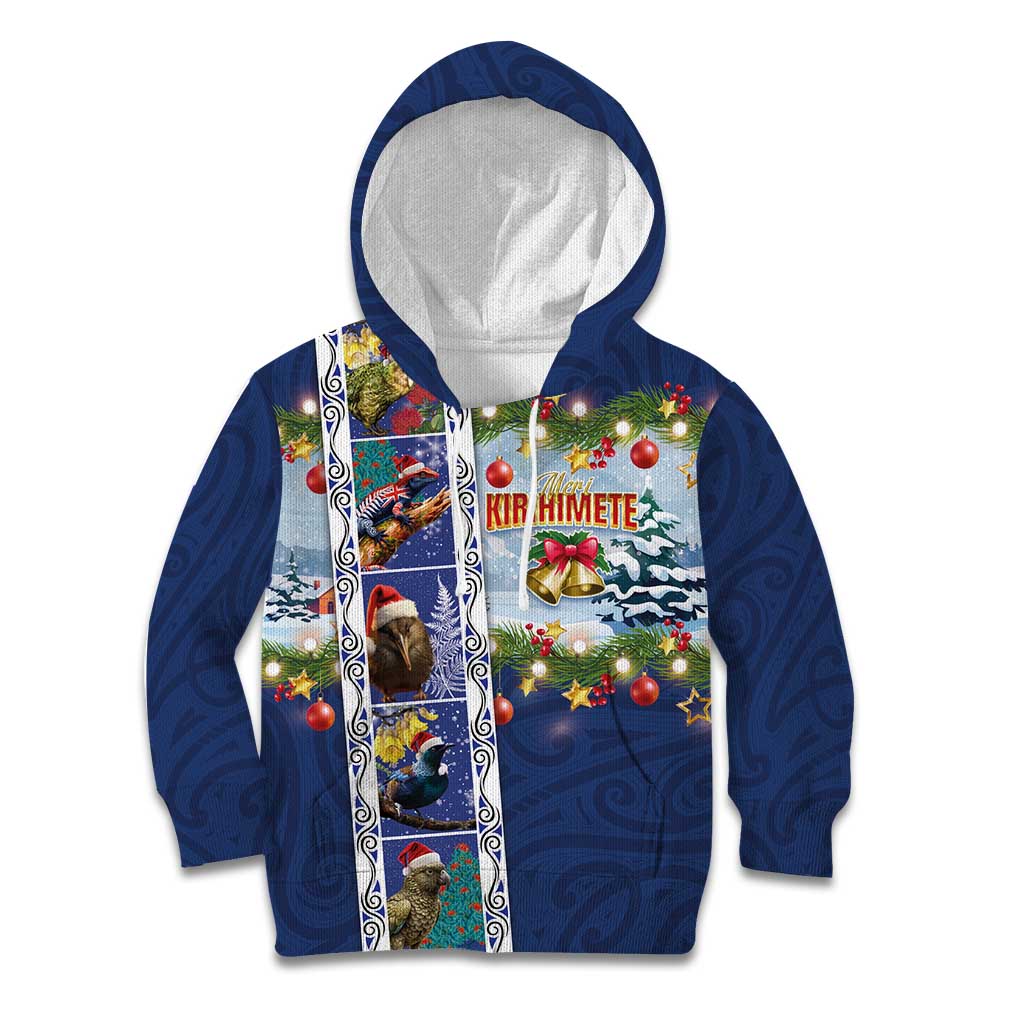 New Zealand Merry Christmas Kid Hoodie Maori Animals, Koru Tattoo - Blue Xmas Style