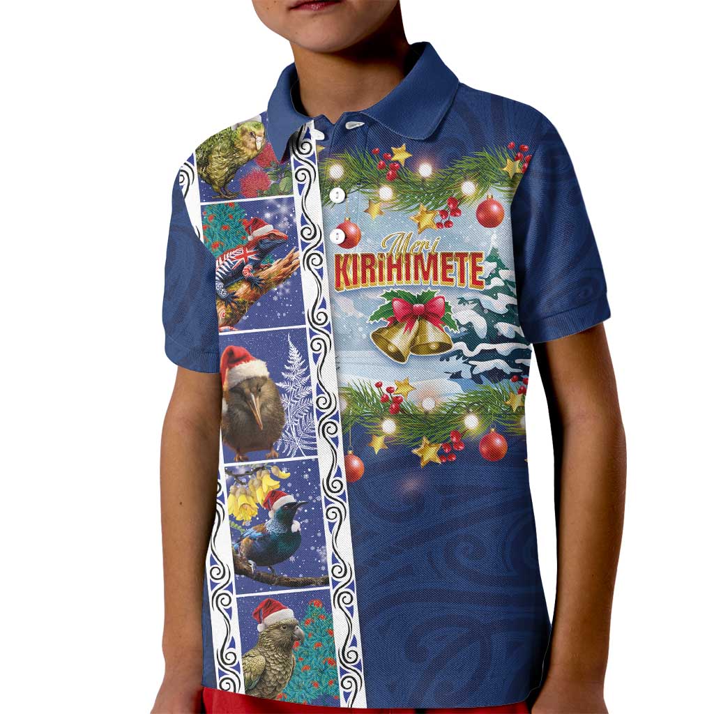 New Zealand Merry Christmas Kid Polo Shirt Maori Animals, Koru Tattoo - Blue Xmas Style