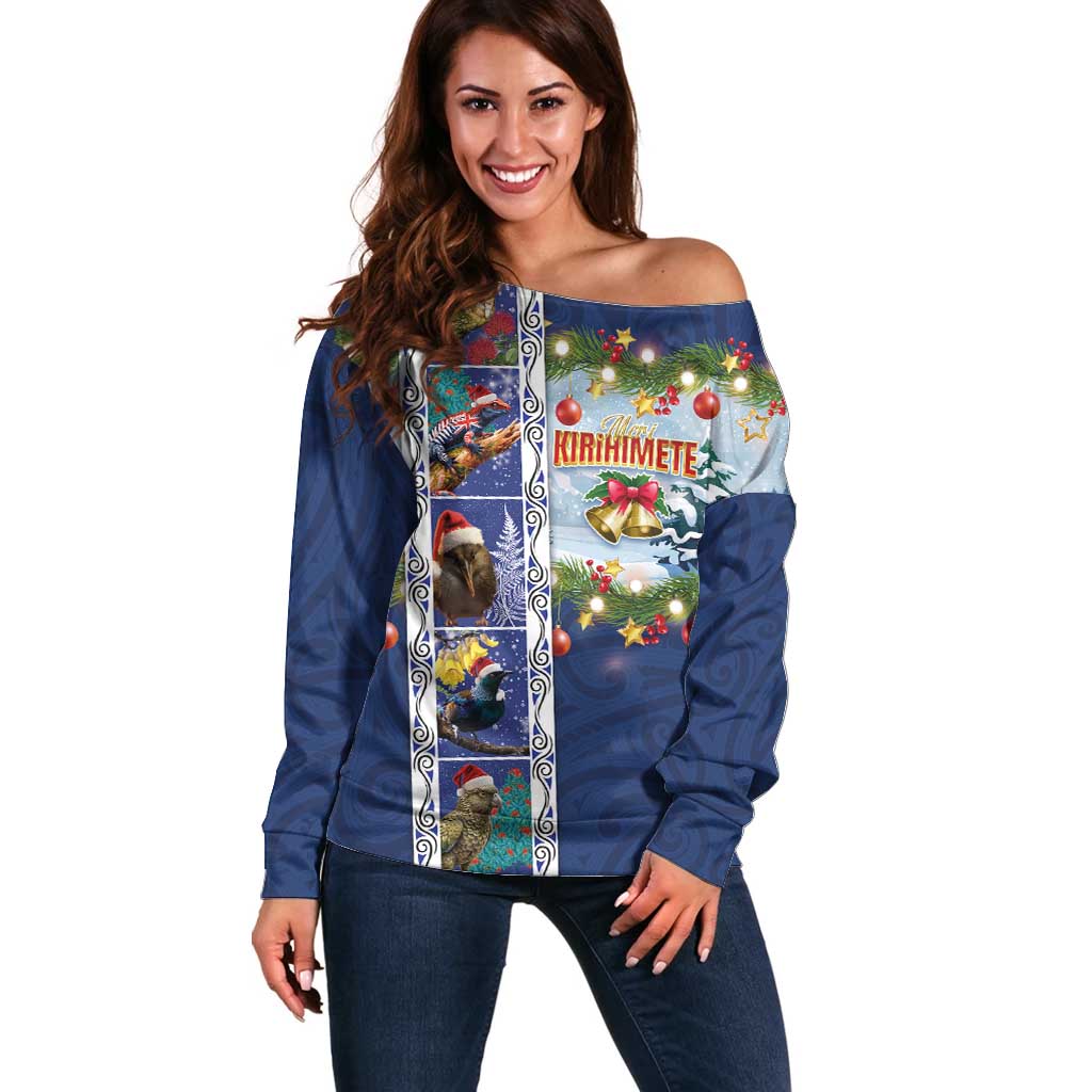 New Zealand Merry Christmas Off Shoulder Sweater Maori Animals, Koru Tattoo - Blue Xmas Style LT03 Women Blue - Polynesian Pride