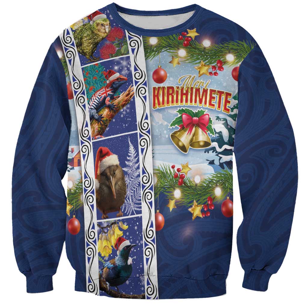 New Zealand Merry Christmas Sweatshirt Maori Animals, Koru Tattoo - Blue Xmas Style LT03 Unisex Blue - Polynesian Pride