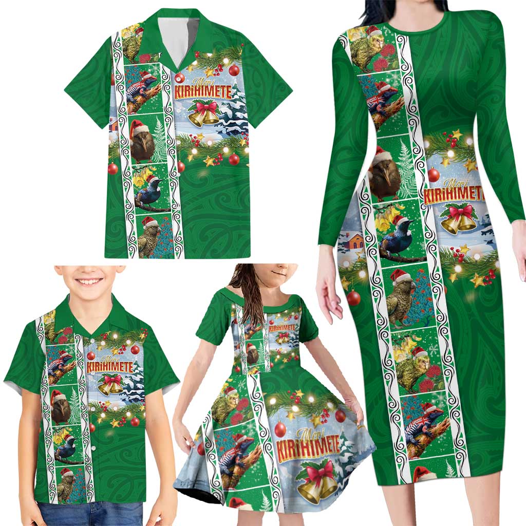 New Zealand Merry Christmas Family Matching Long Sleeve Bodycon Dress and Hawaiian Shirt Maori Animals, Koru Tattoo - Green Xmas Style