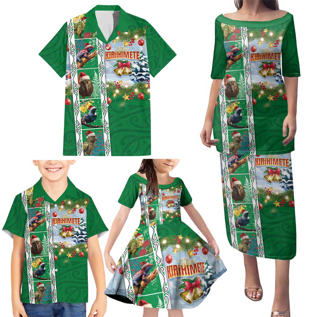 New Zealand Merry Christmas Family Matching Puletasi and Hawaiian Shirt Maori Animals, Koru Tattoo - Green Xmas Style