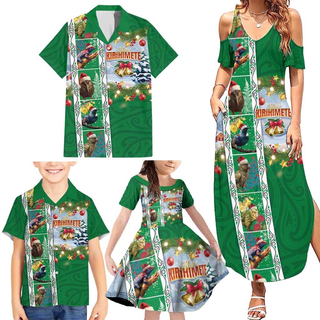 New Zealand Merry Christmas Family Matching Summer Maxi Dress and Hawaiian Shirt Maori Animals, Koru Tattoo - Green Xmas Style