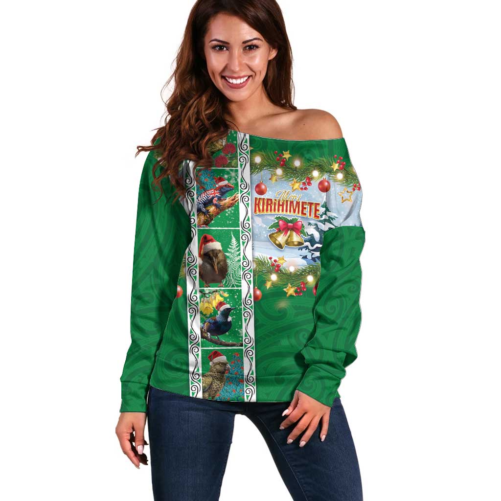 New Zealand Merry Christmas Off Shoulder Sweater Maori Animals, Koru Tattoo - Green Xmas Style LT03 Women Green - Polynesian Pride