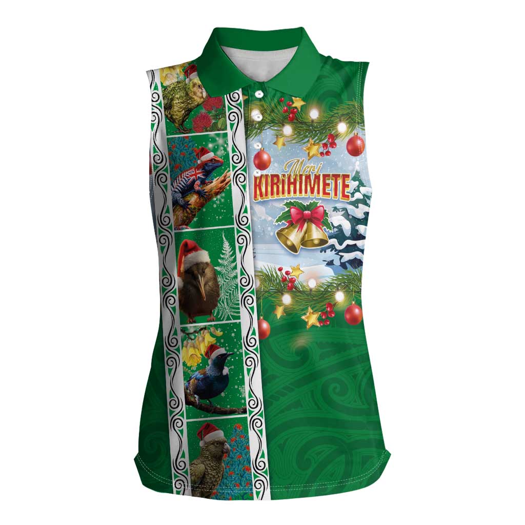 New Zealand Merry Christmas Women Sleeveless Polo Shirt Maori Animals, Koru Tattoo - Green Xmas Style