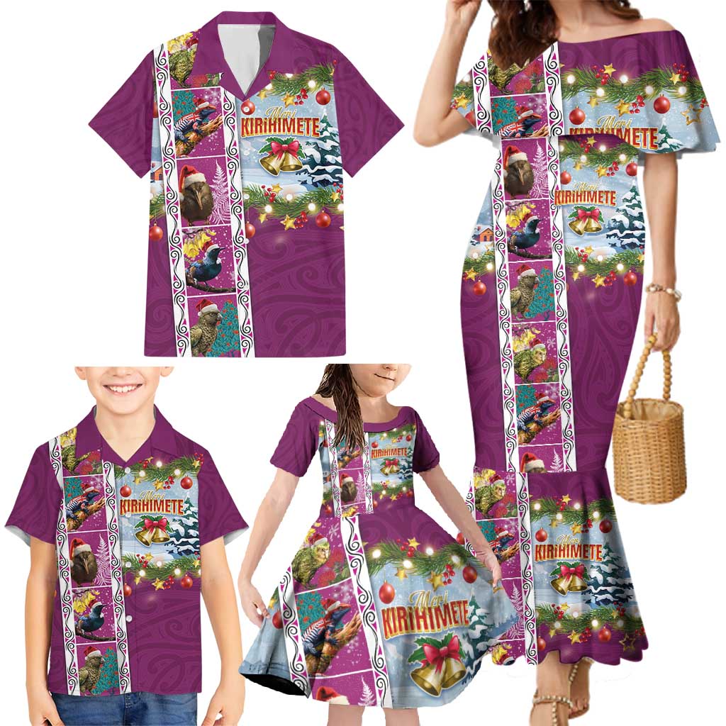 New Zealand Merry Christmas Family Matching Mermaid Dress and Hawaiian Shirt Maori Animals, Koru Tattoo - Pink Xmas Style