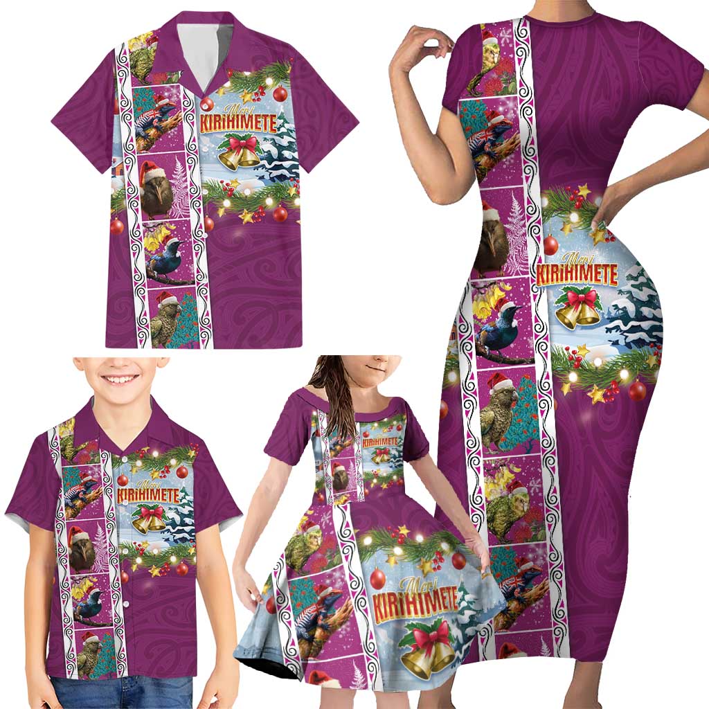 New Zealand Merry Christmas Family Matching Short Sleeve Bodycon Dress and Hawaiian Shirt Maori Animals, Koru Tattoo - Pink Xmas Style