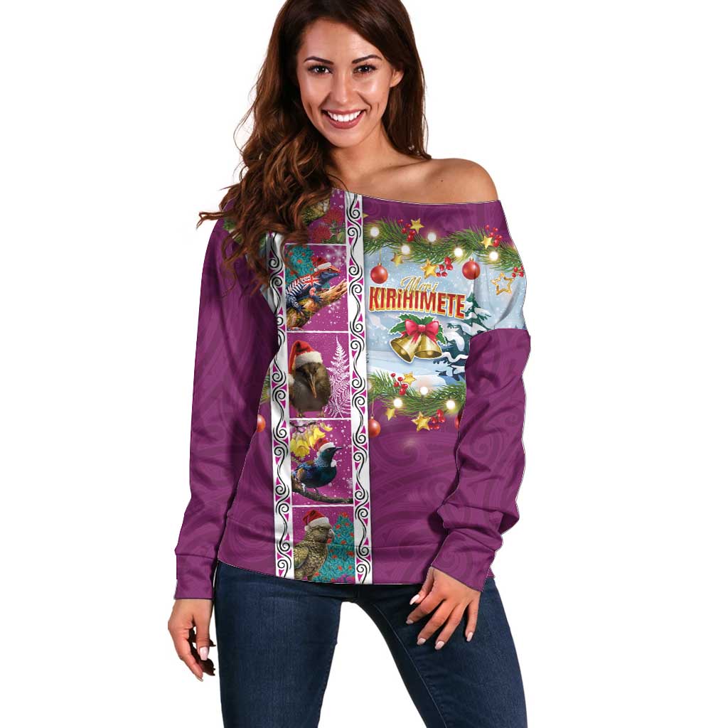 New Zealand Merry Christmas Off Shoulder Sweater Maori Animals, Koru Tattoo - Pink Xmas Style LT03 Women Pink - Polynesian Pride