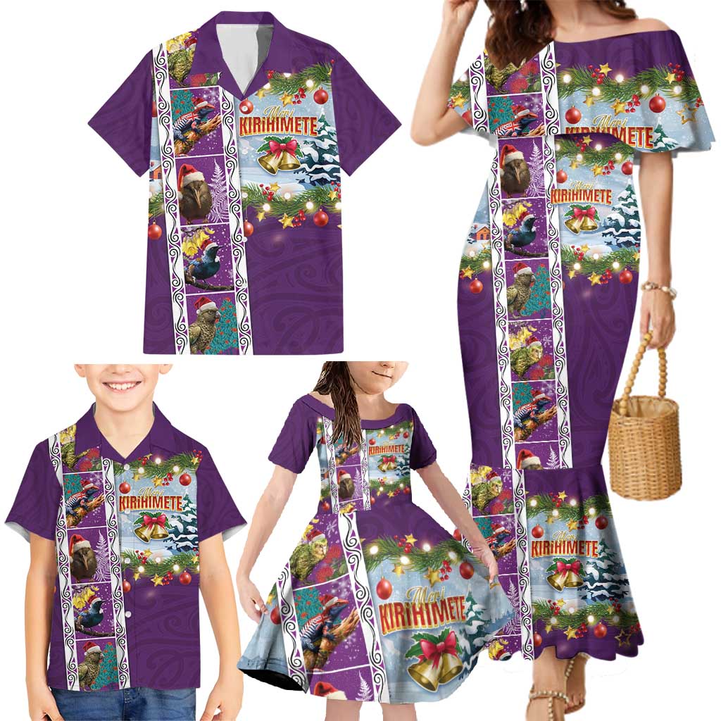 New Zealand Merry Christmas Family Matching Mermaid Dress and Hawaiian Shirt Maori Animals, Koru Tattoo - Purple Xmas Style