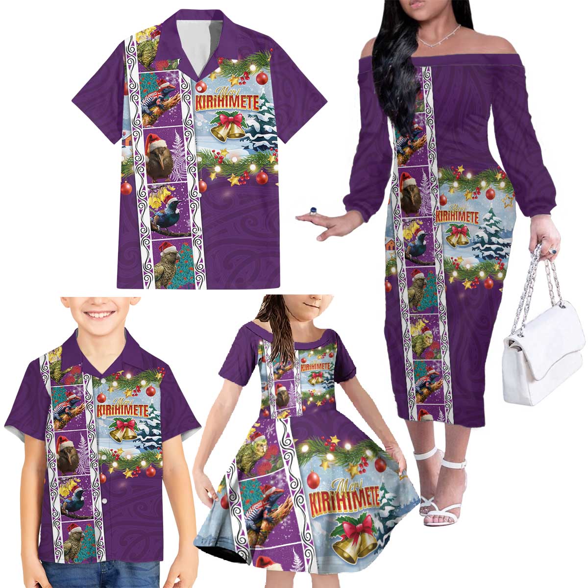 New Zealand Merry Christmas Family Matching Off The Shoulder Long Sleeve Dress and Hawaiian Shirt Maori Animals, Koru Tattoo - Purple Xmas Style