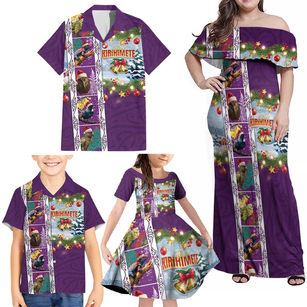 New Zealand Merry Christmas Family Matching Off Shoulder Maxi Dress and Hawaiian Shirt Maori Animals, Koru Tattoo - Purple Xmas Style