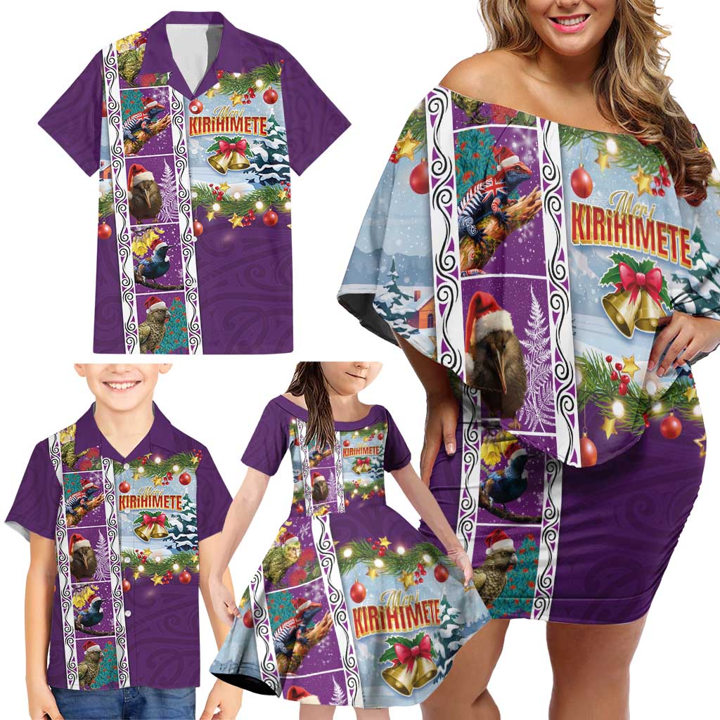 New Zealand Merry Christmas Family Matching Off Shoulder Short Dress and Hawaiian Shirt Maori Animals, Koru Tattoo - Purple Xmas Style