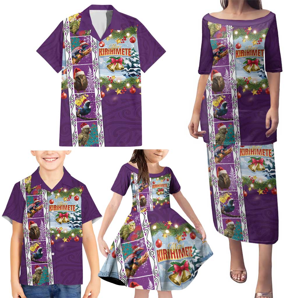 New Zealand Merry Christmas Family Matching Puletasi and Hawaiian Shirt Maori Animals, Koru Tattoo - Purple Xmas Style