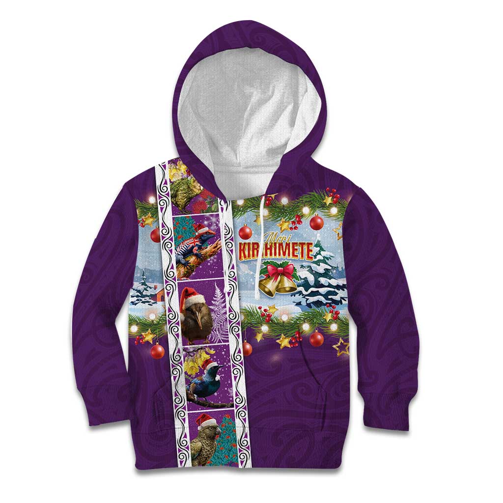 New Zealand Merry Christmas Kid Hoodie Maori Animals, Koru Tattoo - Purple Xmas Style