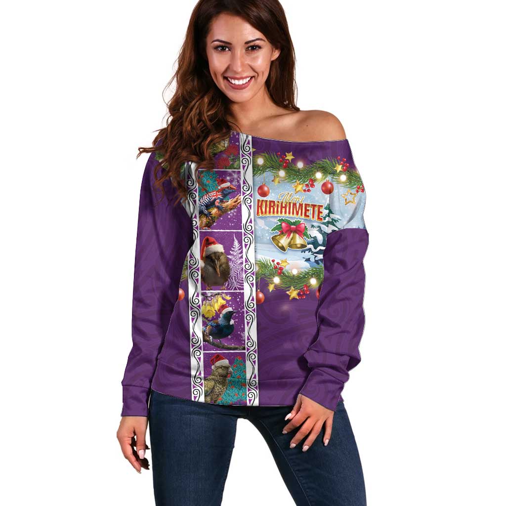 New Zealand Merry Christmas Off Shoulder Sweater Maori Animals, Koru Tattoo - Purple Xmas Style LT03 Women Purple - Polynesian Pride