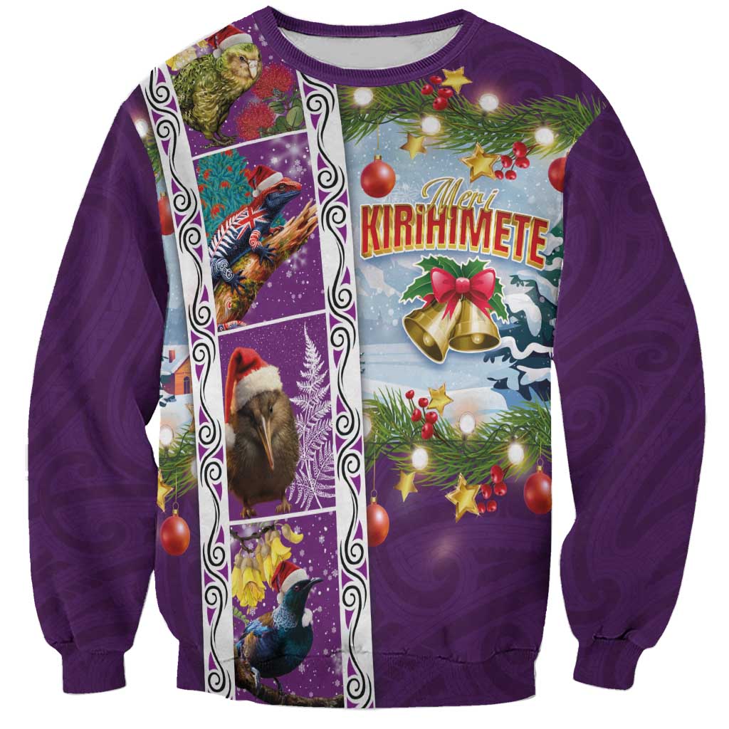 New Zealand Merry Christmas Sweatshirt Maori Animals, Koru Tattoo - Purple Xmas Style LT03 Unisex Purple - Polynesian Pride