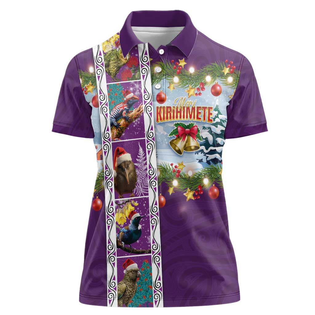 New Zealand Merry Christmas Women Polo Shirt Maori Animals, Koru Tattoo - Purple Xmas Style