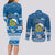 Tuvalu Christmas Couples Matching Long Sleeve Bodycon Dress and Long Sleeve Button Shirt Snowman Hugs Tuvalu Coat of Arms Maori Pattern Blue Style LT03 - Polynesian Pride