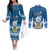 Tuvalu Christmas Couples Matching Off The Shoulder Long Sleeve Dress and Long Sleeve Button Shirt Snowman Hugs Tuvalu Coat of Arms Maori Pattern Blue Style LT03 Blue - Polynesian Pride