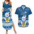 Tuvalu Christmas Couples Matching Summer Maxi Dress and Hawaiian Shirt Snowman Hugs Tuvalu Coat of Arms Maori Pattern Blue Style LT03 Blue - Polynesian Pride