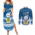 Tuvalu Christmas Couples Matching Summer Maxi Dress and Long Sleeve Button Shirt Snowman Hugs Tuvalu Coat of Arms Maori Pattern Blue Style LT03 Blue - Polynesian Pride